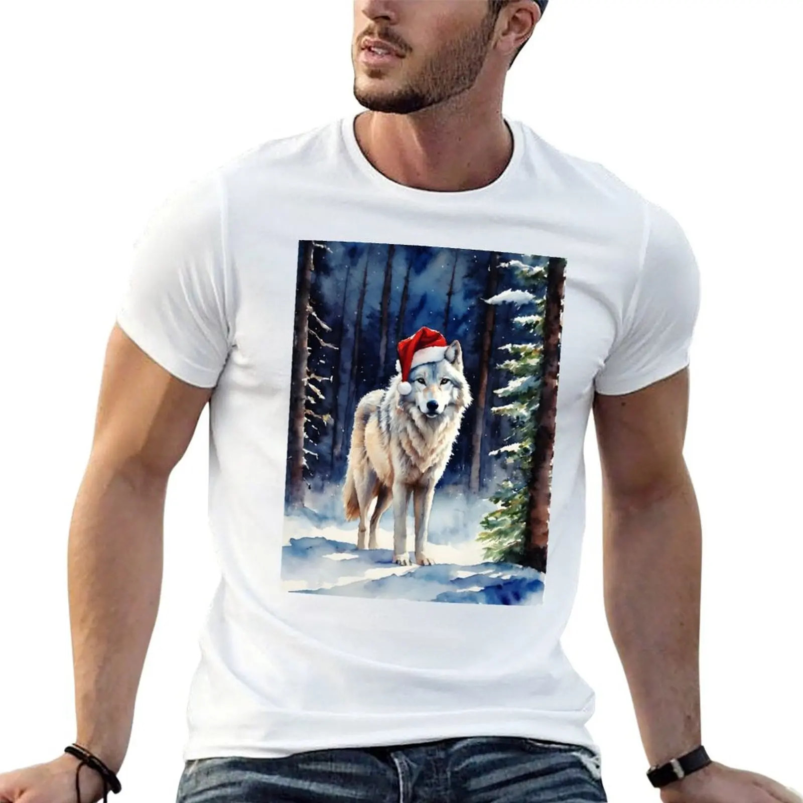 

Snowy Wolf - Winter Scene of a White Wolf in Santa Hat T-Shirt funny t shirts cotton graphic t shirts for man T-Shirt
