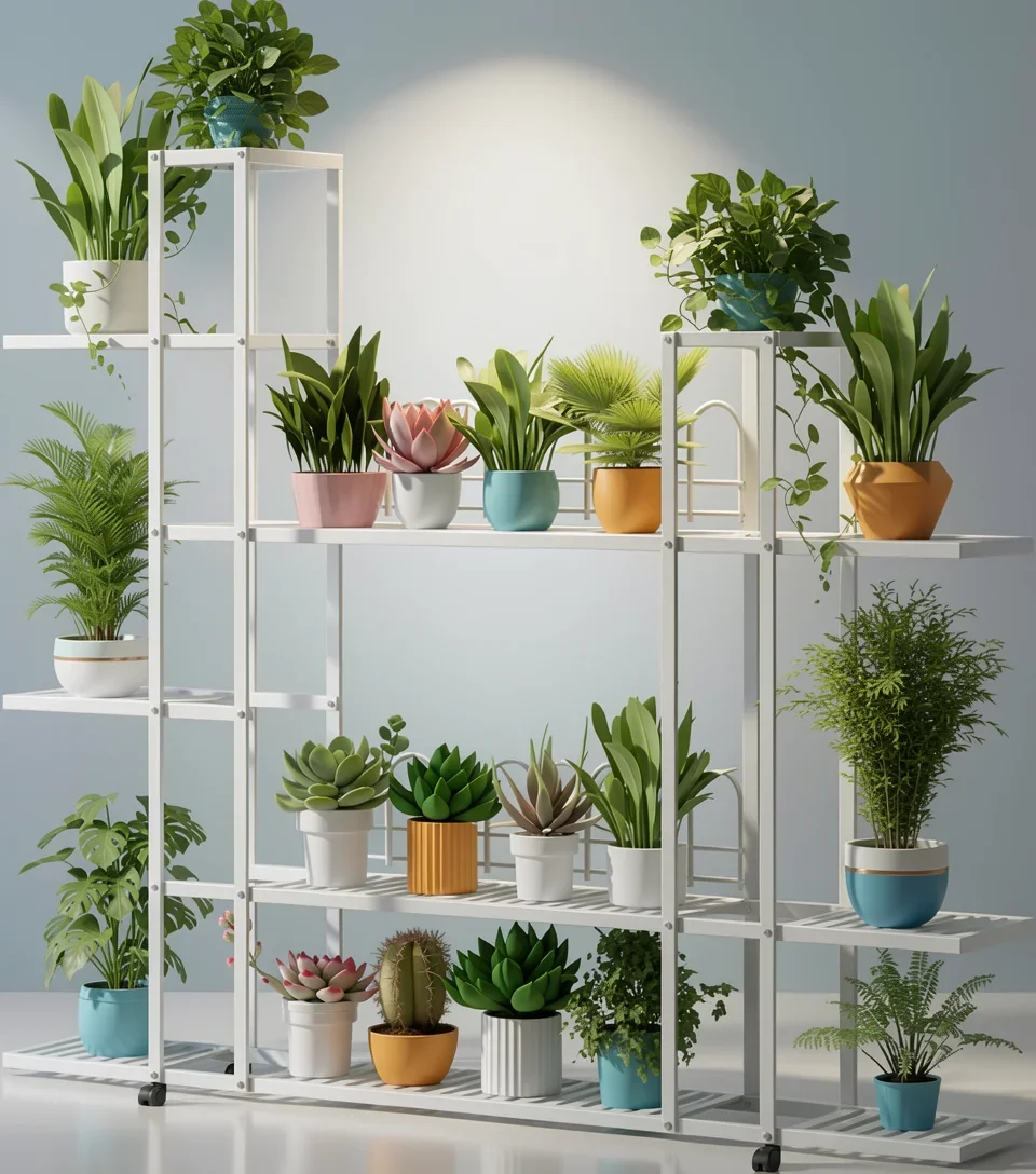 Metal Garden Shelves Green White 4/5/6Tier Flower Plant Stand Display Rack, Plants Shelf Unit Holder with Wheels and Brakes Mult