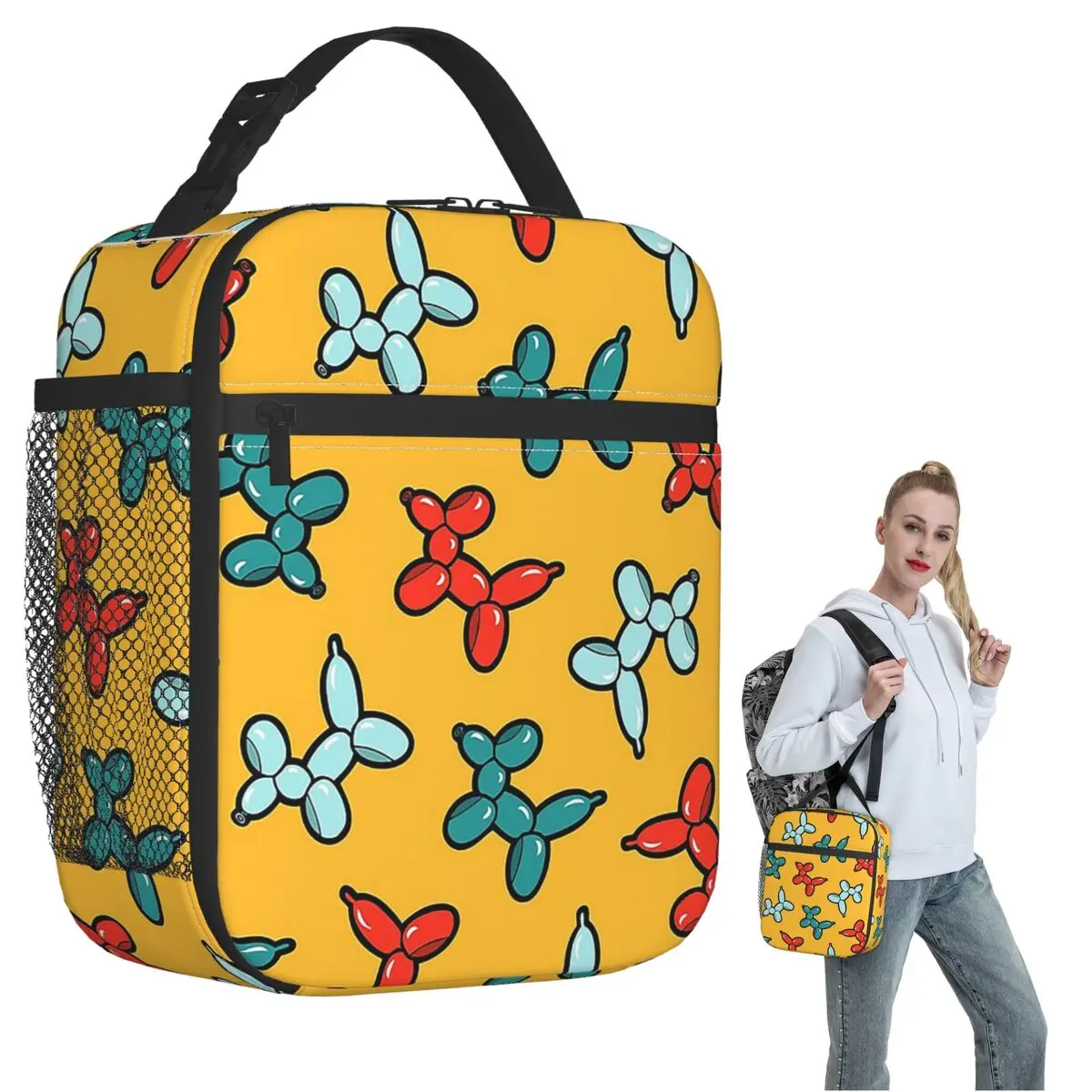 

Желтый изолированный ланч-сумка с воздушными шарами и собаками для женщин и детей, герметичные коробки для еды, термосумка для ланча