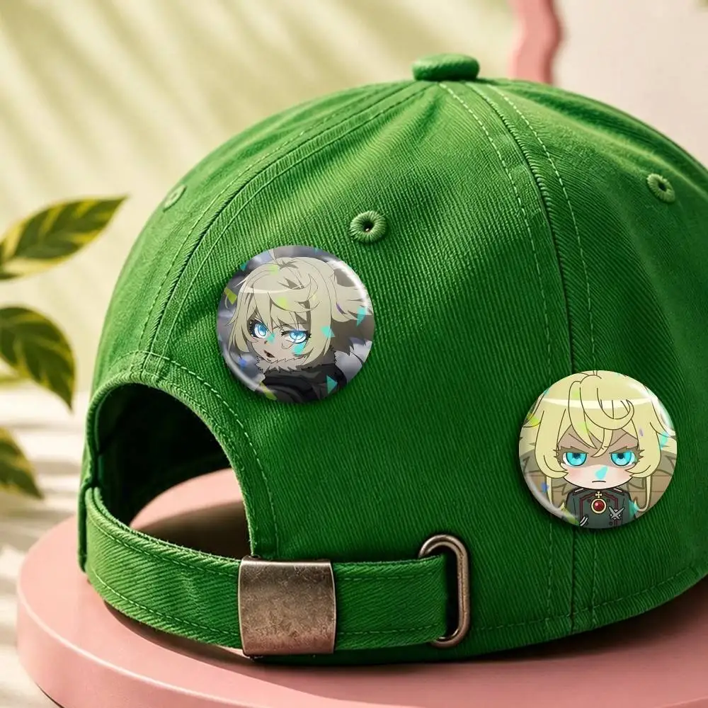 Rerugen S-Saga of T-Tanya the Evil Round Brooch Pins, Personalized Badges With Broken Glass Design Fashion Accessory