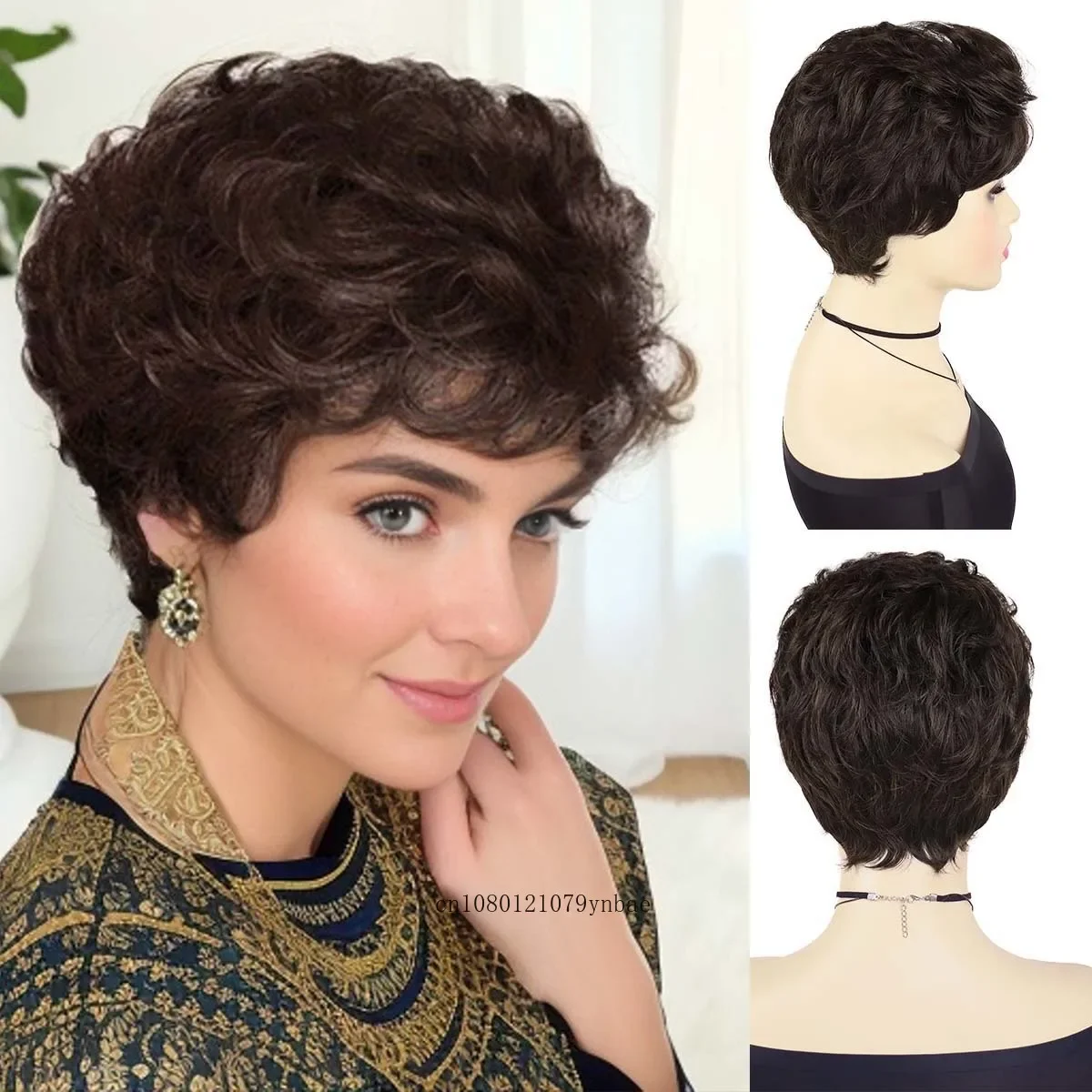 

Short Dark Brown Curly Synthetic Wig with Bangs for Women Pixie Cut Hairstyle Daily Cosplay Heat Resistant Fiber Costume Party