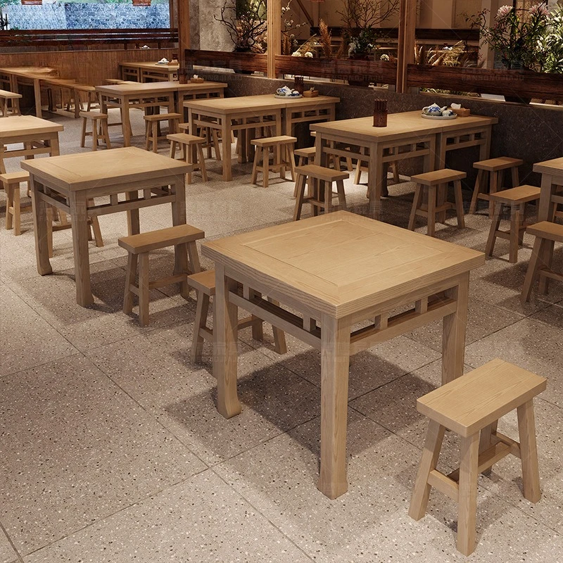 Solid wood square stool theme restaurant Chinese restaurant table and chair combination hotel hot pot restaurant dining chair