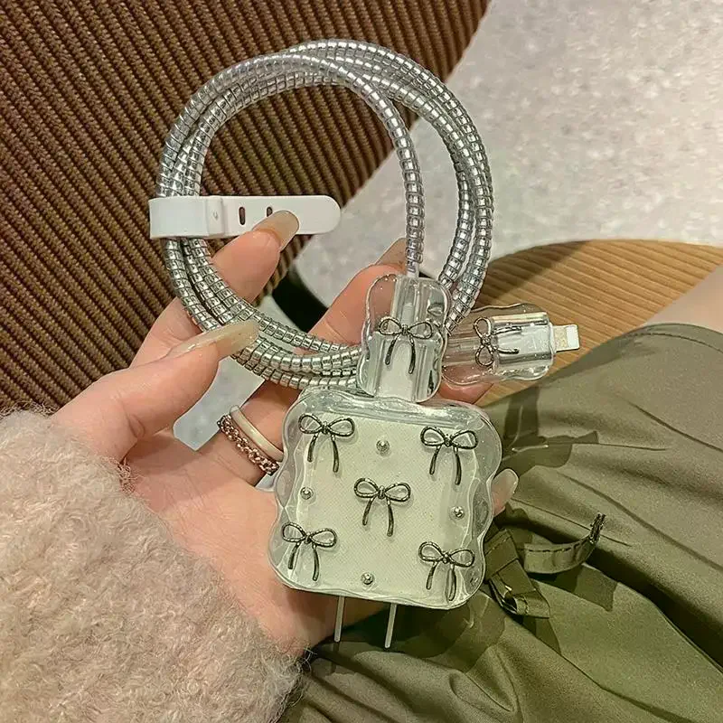 5Pcs Cute Silver Bowknot Charger Protector Set Anti Break Cable Wrap Perfect For Girls Protecting Chargers Daily Use