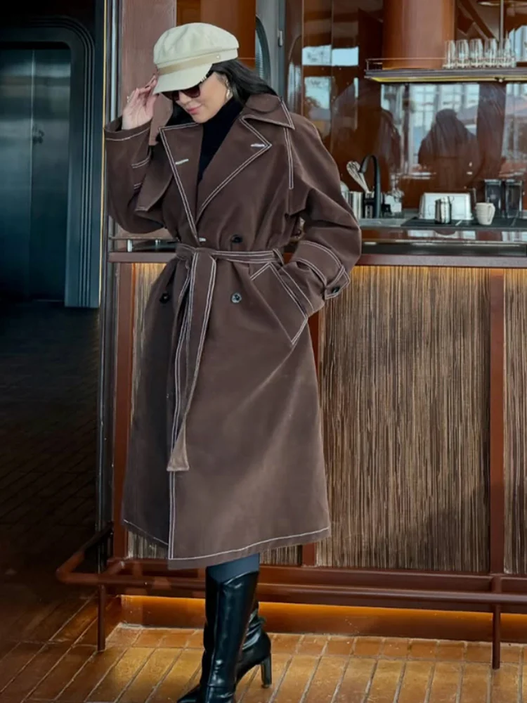Vintage Brown Contrast Long Trench Coat Chic Lapel Collar Stitching Design Belted Waist Jacket New Autumn Lady Casual Streetwear