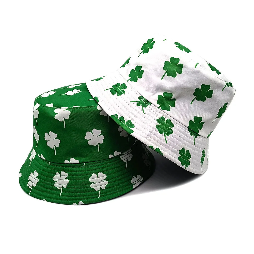 Breathable  Four Leaf Clover  Print Fisherman Cap Unisex Foldable Sun Hat Outdoor Travel Beach Party Sunscreen Hat For Men Women