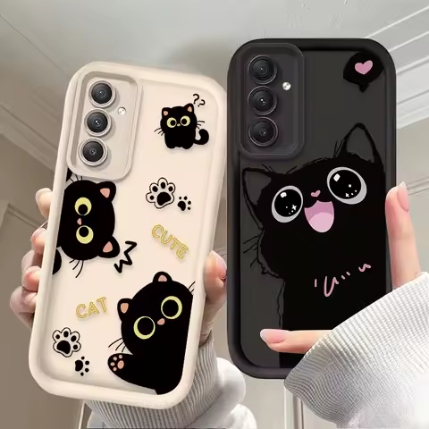 Cute Cartoon Black Cat Case For Samsung Galaxy A54 A05 A05S A34 A24 A14 A53 A33 A23 A13 A52 A52S A32 A22 A12 A71 A51 A31 A50