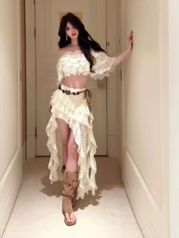 

Elegant Boho Two Piece Set for Women Off Shoulder White Lace Crop Top Irregular Ruffle Hem Summer Casual Beach Party Maxi Skirt