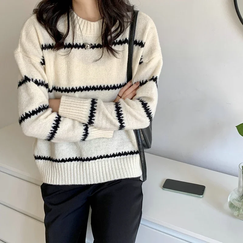 

Pop Autumn Women's Pullover Sweater Winter Korean Loose Versatile Long Sleeved Knitted Tops O Neck Striped Casual Elegant Knitwe
