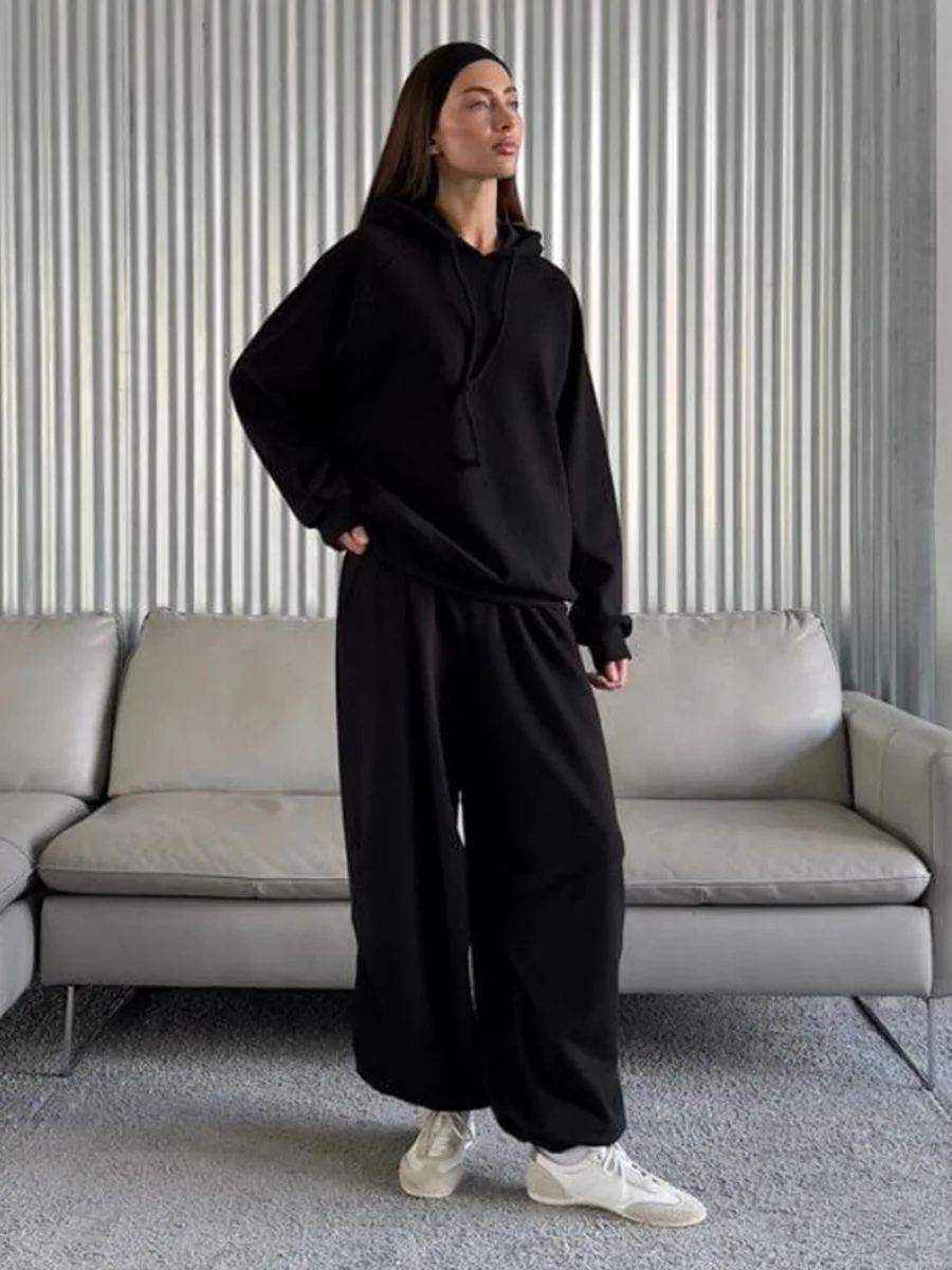 Conjunto de moletom feminino Wolfeel outono inverno macio com capuz solto e ombro caído pulôver relaxado conjunto de calças compridas