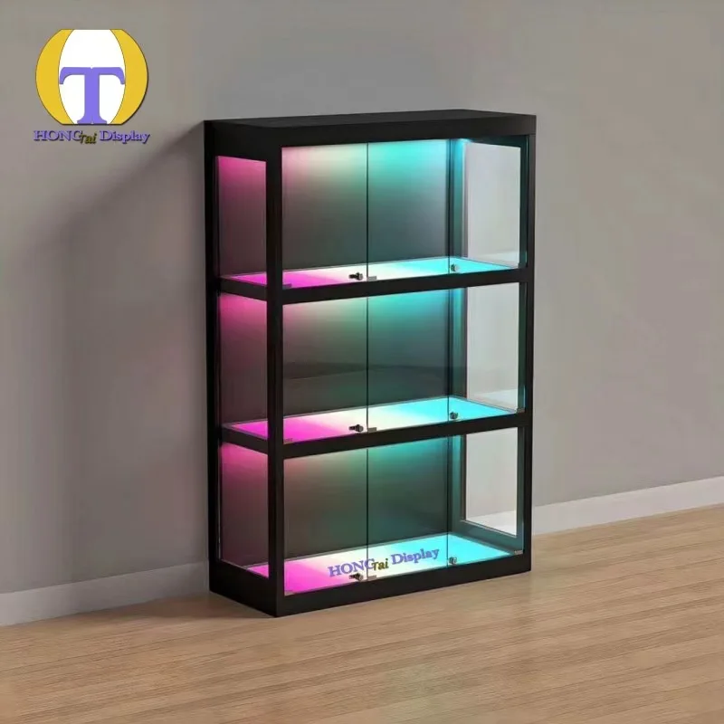 Custom.Latest Design Triangular Tempered Glass Cabinet of Black Base Smoke Shop Frameless Glass Display Corner With Lock