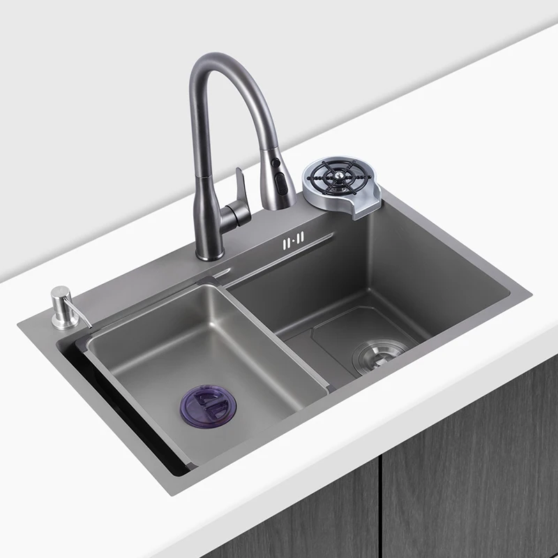 

Gun-Gray Stainless Steel Kitchen Sink Topmount Double Ledges Workstation Single Bowl Side Drainage With Cutting Board