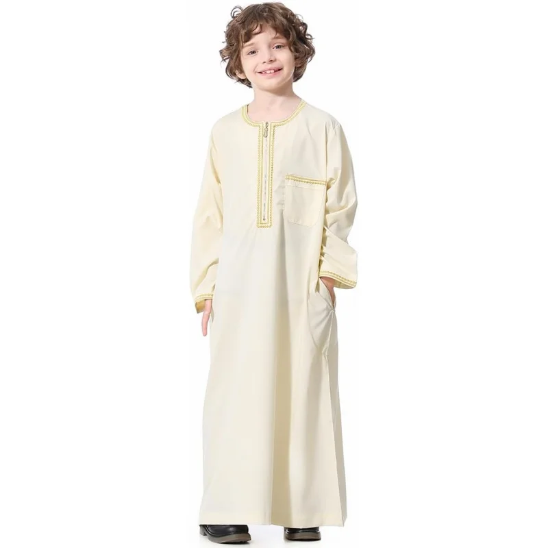 

Kids Abaya Zipper Arabic Thobe for Boys Muslim Arab Islamic Kaftan Embroidered Robe Ramadan Dubai Prayer Dress Pockets