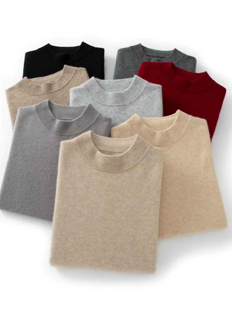 

100% Cashmere Sweater Men Mock-neck Basic Pullovers Autumn Winter Soft Warm Comfy Bottom Cashmere Knitwear High Quality Tops