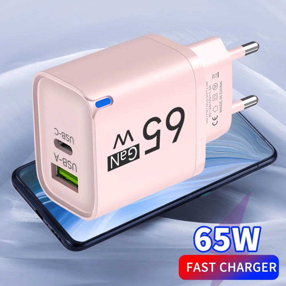 GaN 65W USB Type C Fast Charger 2 in 1 Portable Phone Wall Charger Quick Charge EU US UK Plug For iPhone Samsung Xiaomi Huawei