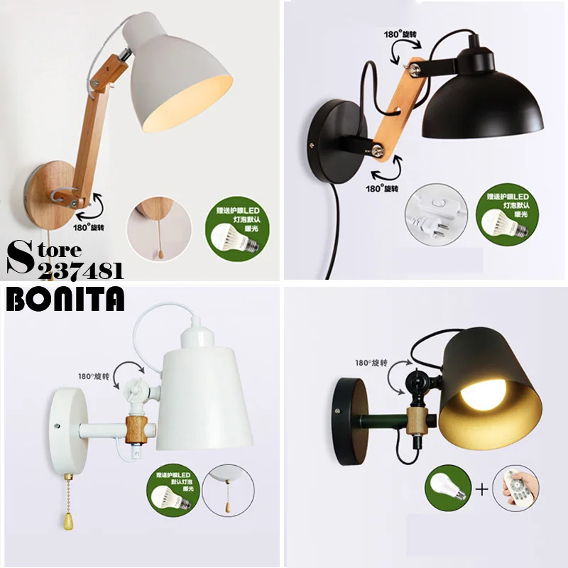 

Oak Wood Wall Lights for bedroom Zipper/Plug Switch/Remote Controller Led Wall lamp Swing Arm Rotatable Sconces Lamps