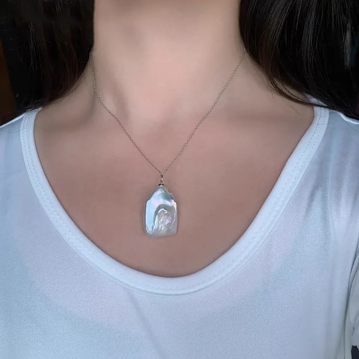 100% Natural White Oversized 25-30mm Irregular Square Baroque Pearl Pendant Necklace S925 Sterling Silver Atmospheric Jewelry