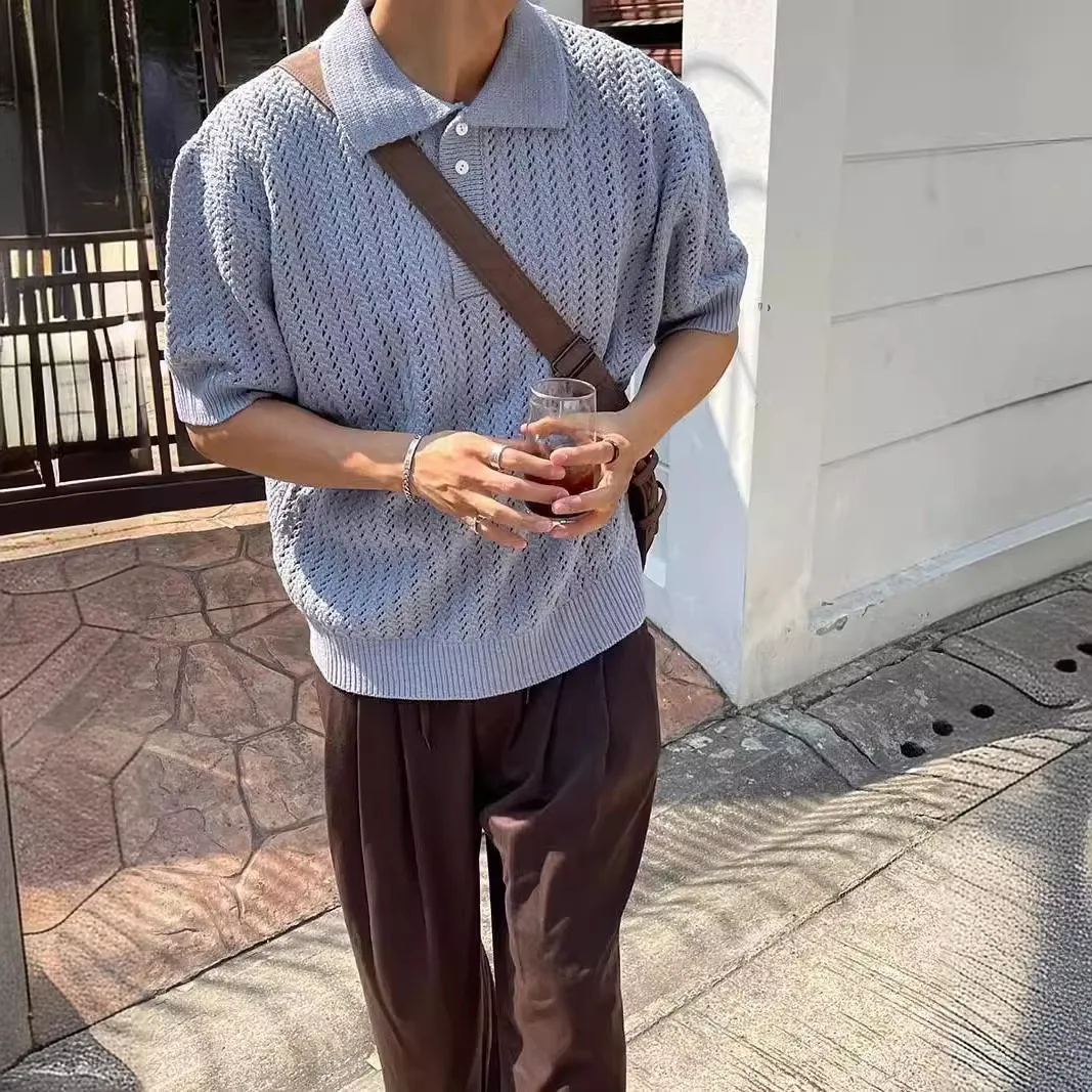 

Летнее мужское поло с короткими рукавами, высококачественное корейское издание, свободный воротник, однотонное, повседневное, с полой, с короткими рукавами, вязаный топ