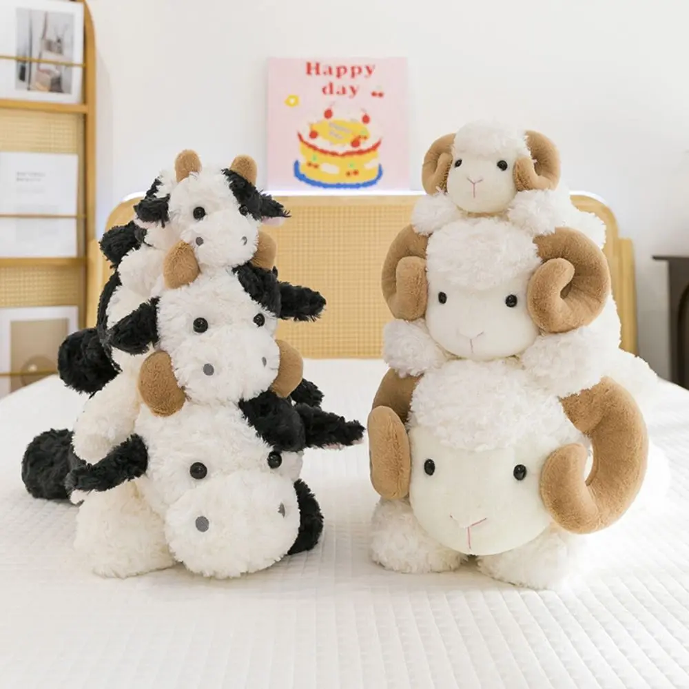 Juguetes de Peluche de Cabra y Vaca Acogedoras, Muñecos de Peluche de Animales Suaves de Algodón PP, Juguetes de Peluche de Cabra con Cuernos Grandes para Niños
