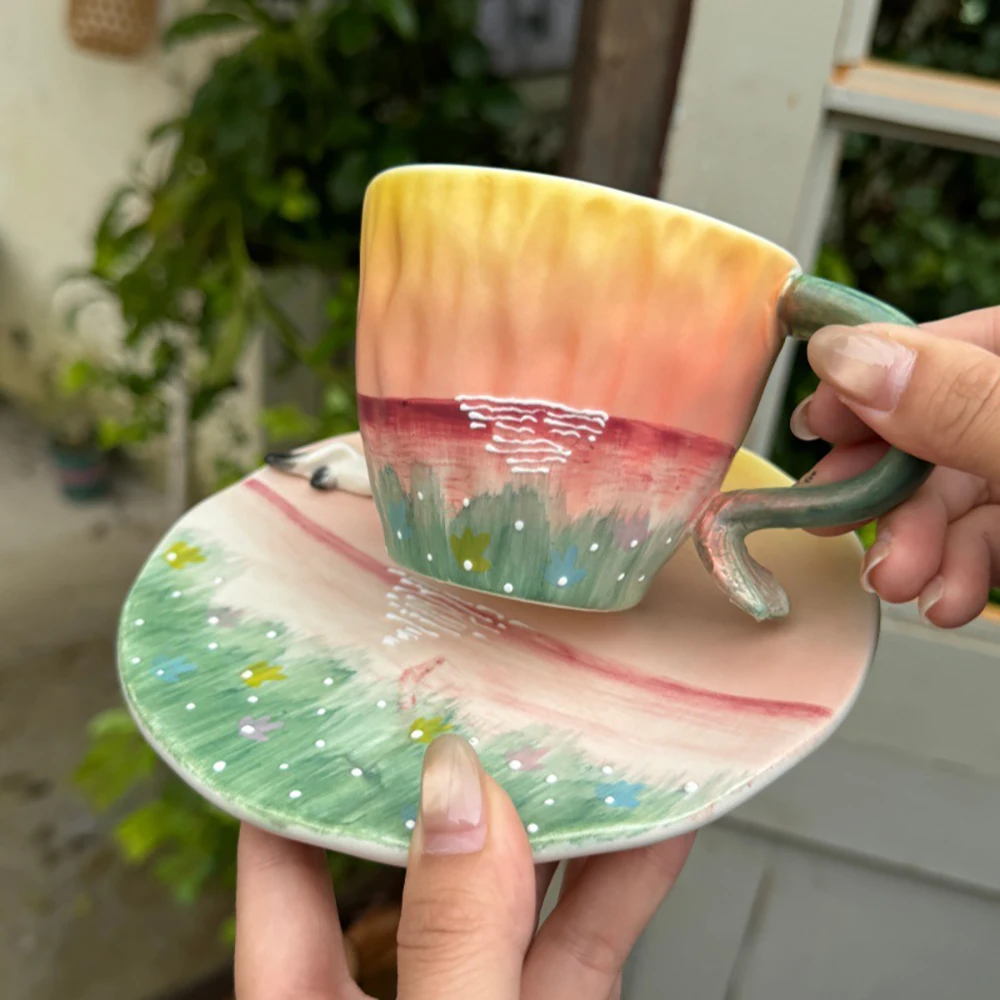 Hand Painted Ceramic Mug Saucer Set Sunset Lake 3D Swan Decor Vine Handle Artistic Coffee Cup for Home Afternoon Tea Cups Gift