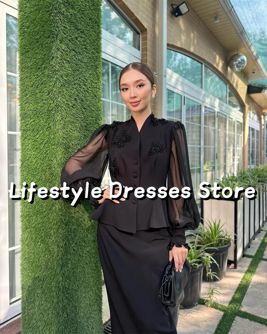 Customized Puff Long Sleeves Black Evening Dresses Bead Butterfly Appliques Formal Party Gown Black Prom Dress vestidos de gala