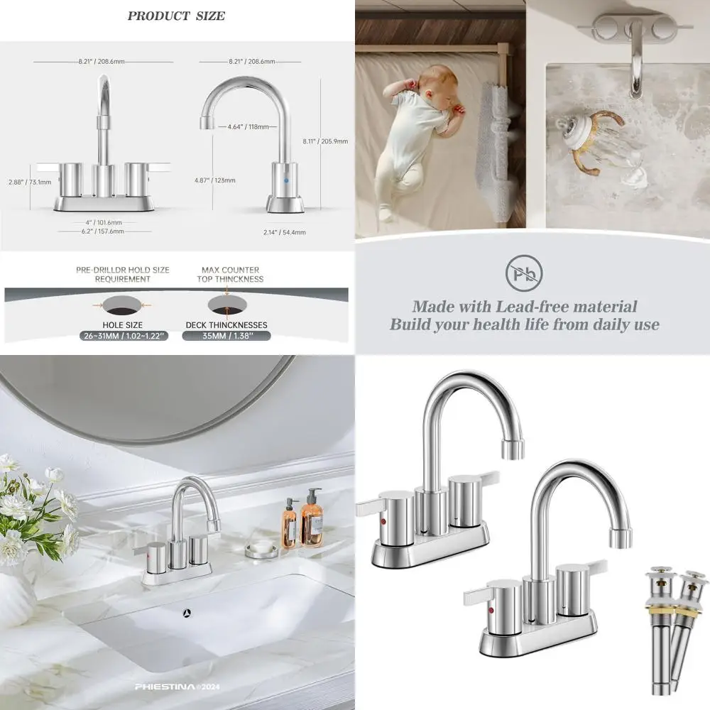 

2-Piece 4 Centerset Bathroom Faucet Set, 2 or 3 Holes, Chrome Finish, Swivel Spout, Copper Pop-Up Drain, Lead-Free, Includes 2 W