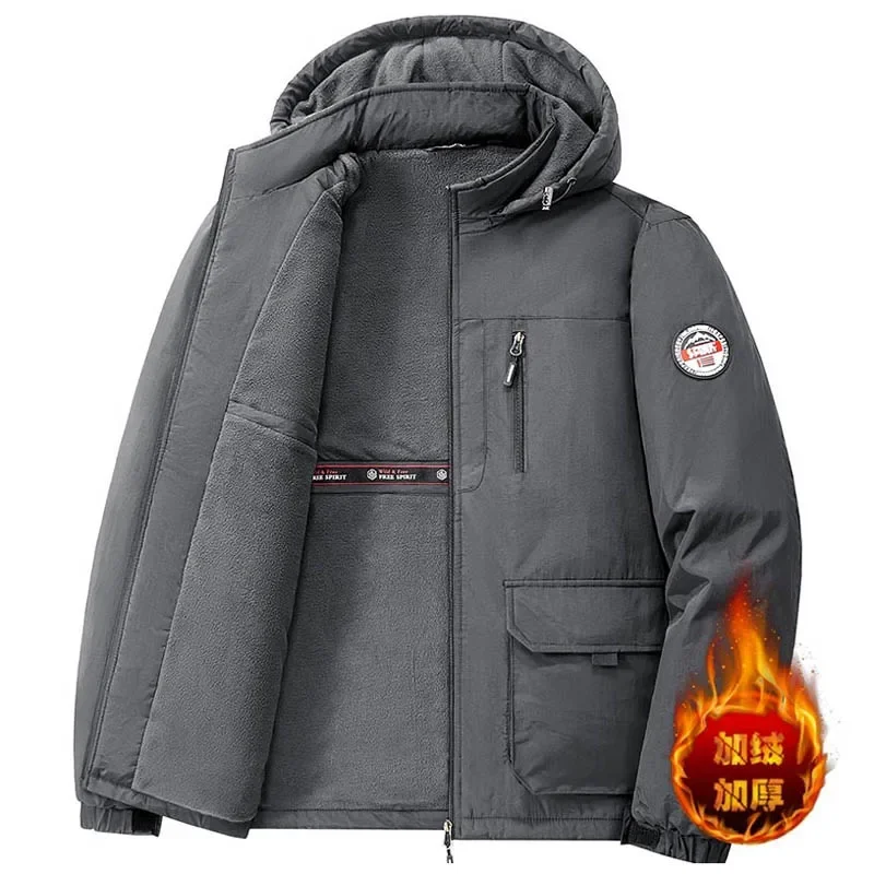 Autumn Winter Men's Fleece Thickened Hooded Multi-Pocket Zipper Men Jacket Fashion Outdoor Sport Hiking Coat Parkas Big size 8XL