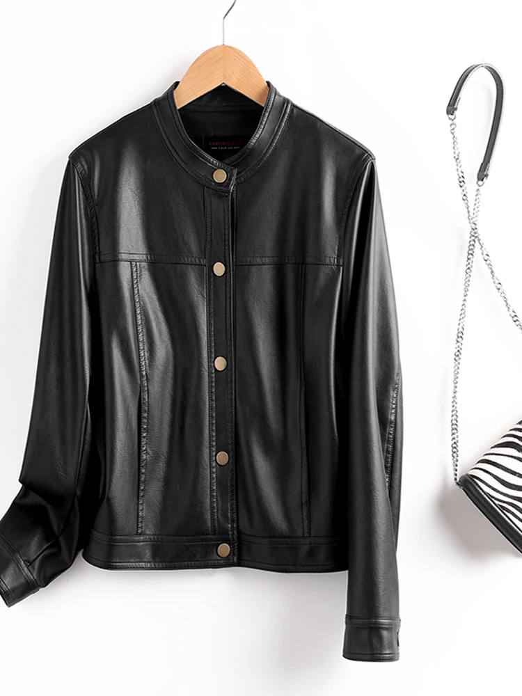 Giacca in pelle da donna Primavera 2025, vestibilità slim, in pelle di pecora, con bottone singolo e collo alto, effetto snellente, capospalla