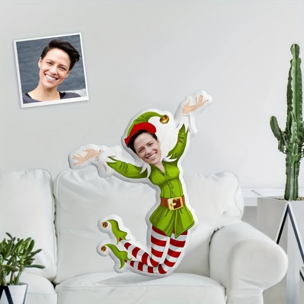 1Pc Personalized Elf Design Custom Face Photo Throw Pillow,Double-Sided Design,Soft Plush Cushion with Insert,Suitable Christmas