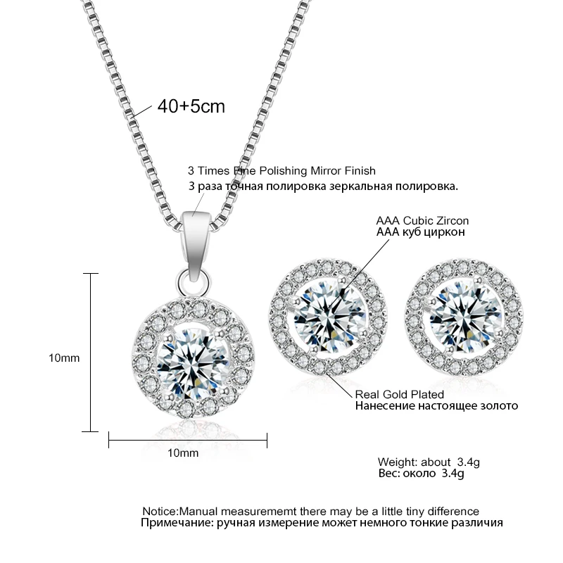 Simple Geometric Round Zircon Pendant Necklace for Women Clear  AAA Zirconia Crystal Charm Chain Necklaces Wedding Jewelry Sets