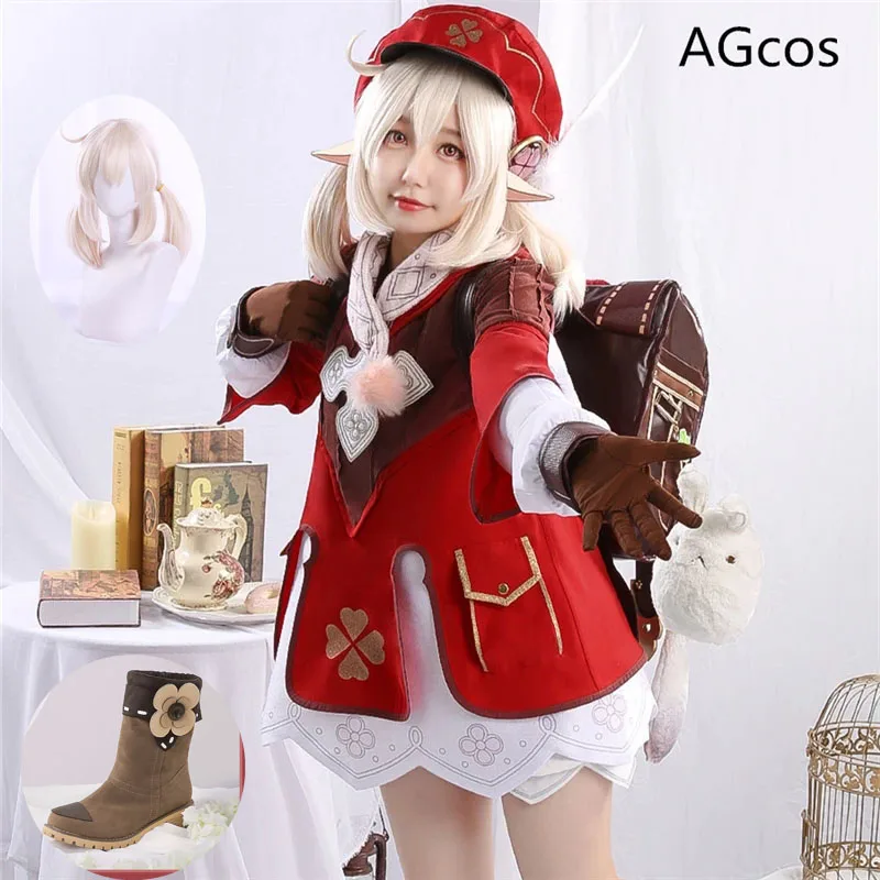 AGCOS Genshin Impact Klee Cosplay Costume Christmas Outfits Game Cos Dress Accoessries Full Sets Wig Shoes Cosplay