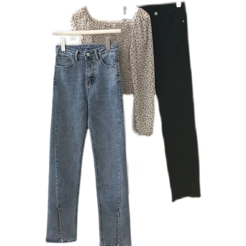 Dżinsy damskie z wysokim stanem, proste nogawki, długie spodnie, lekko rozszerzane spodnie z rozcięciem, długie do podłogi, luźne, plus size.