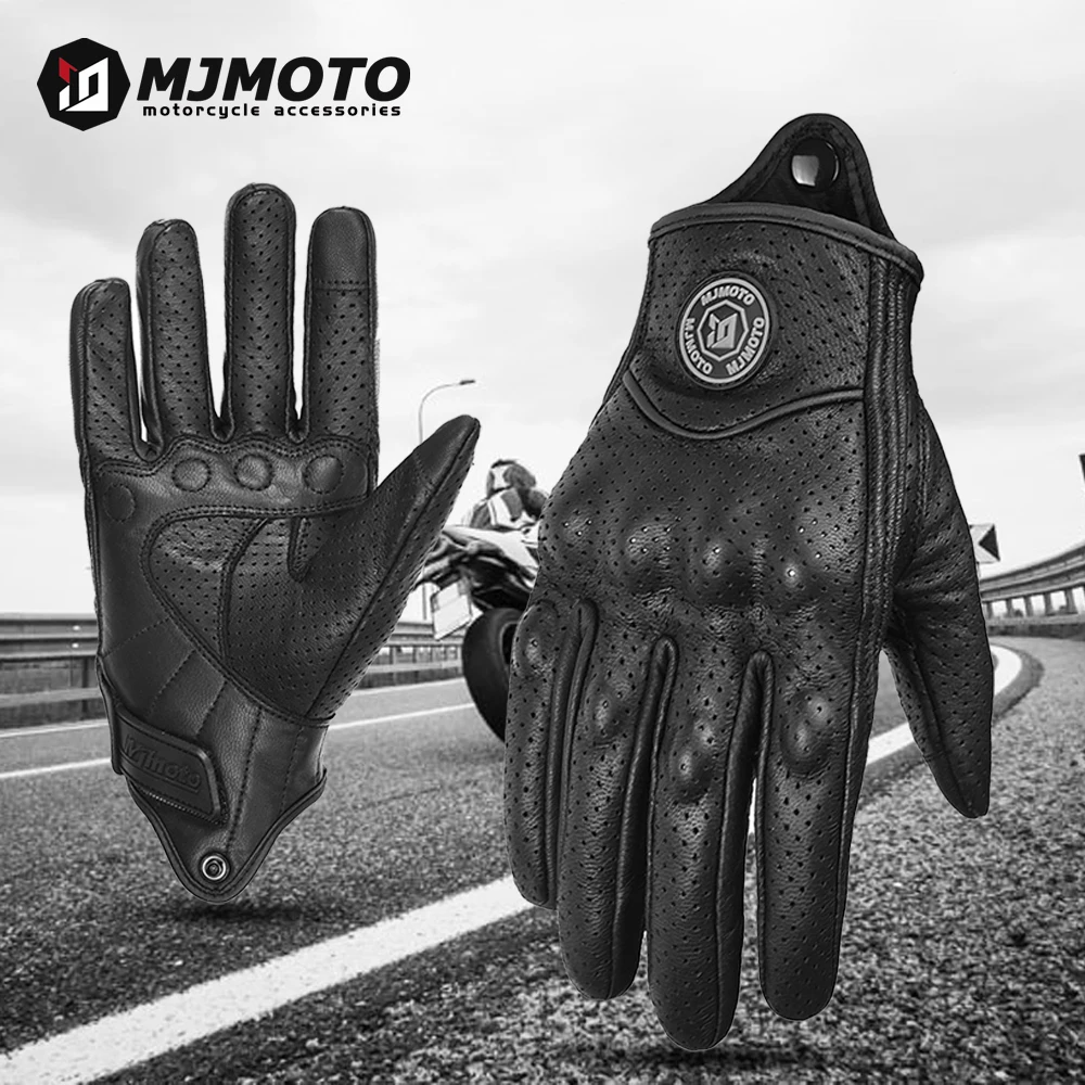 

MJMOTO Retro Leather Motorcycle Gloves Comfort Breathable Motocross Gloves Built-in Protective Case Motorbike Gloves Touchscreen