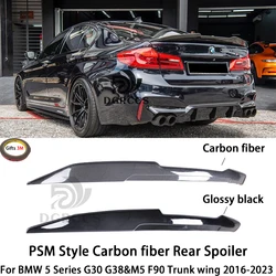 BMW 5 시리즈 G30 G38 및 M5 F90 PSM 스타일 탄소 섬유 리어 스포일러 트렁크 윙 2016-2023 탄소 섬유 광택 블랙