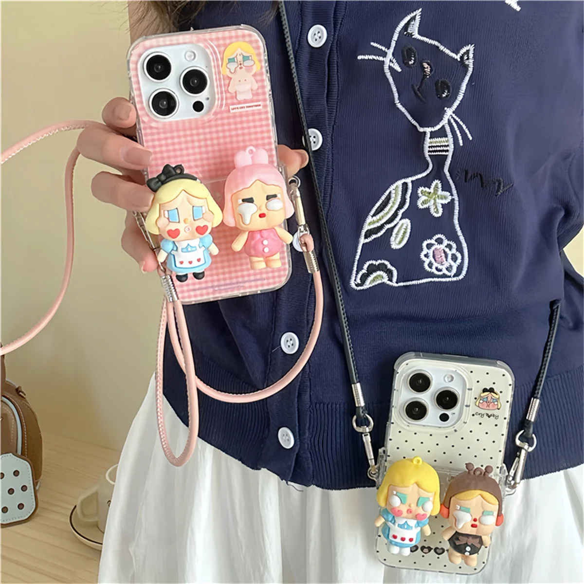 

Fashion Polka Dot Phone Case For iPhone 16 Pro 15 13 14 Pro Max Cover with Back Clip Crossbody Lanyard Cute Cases Capa