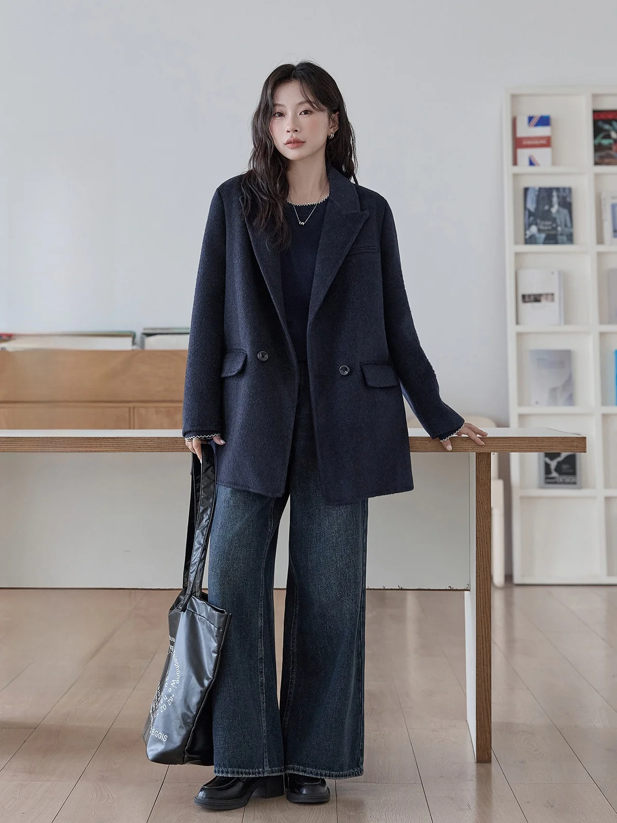 

Double-Sided Woolen Suit Jaet Women's Faion oulder-Line Korean Sle Long Sve Pure Color Versatile Winter New Arrival