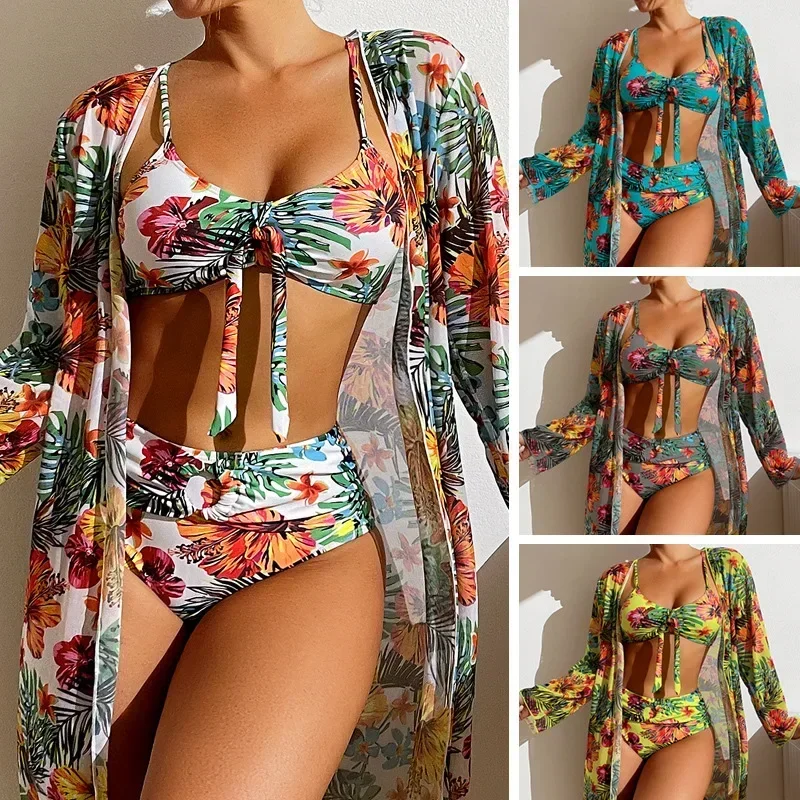 Conjunto de Bikini de tres piezas para mujer, traje de baño de cintura alta, estampado