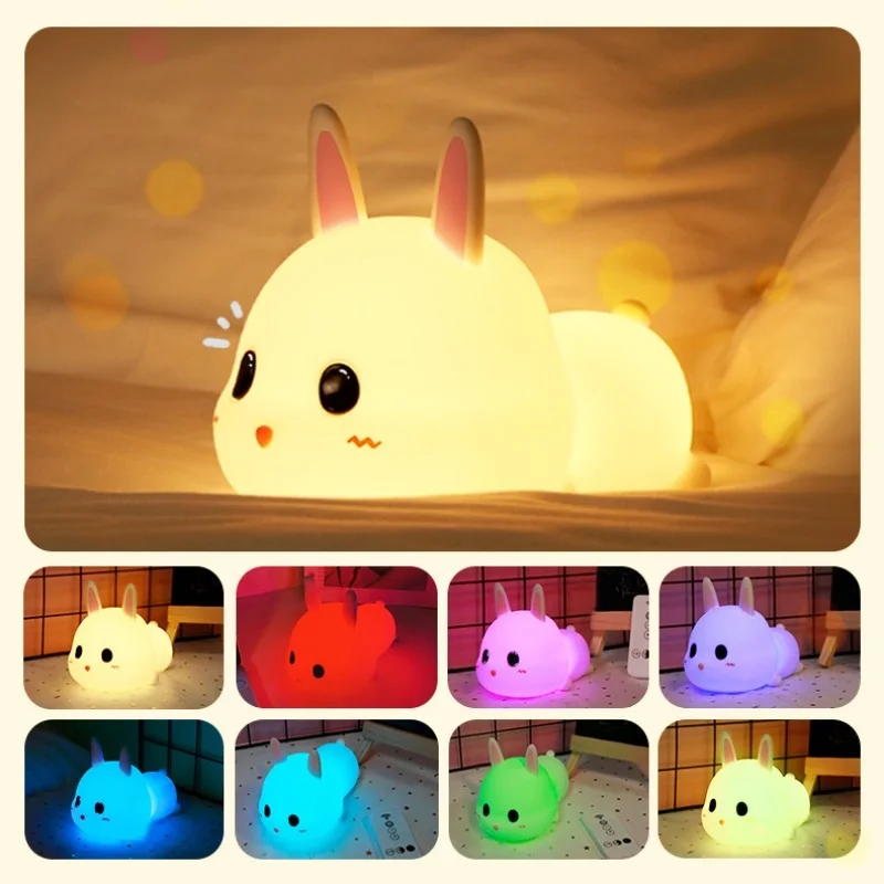 Silicone LED Rabbit Night Light Remote Control Rechargeable Touch Sensor Dimming Bedroom Bedside Lamp For Kids Baby Gift