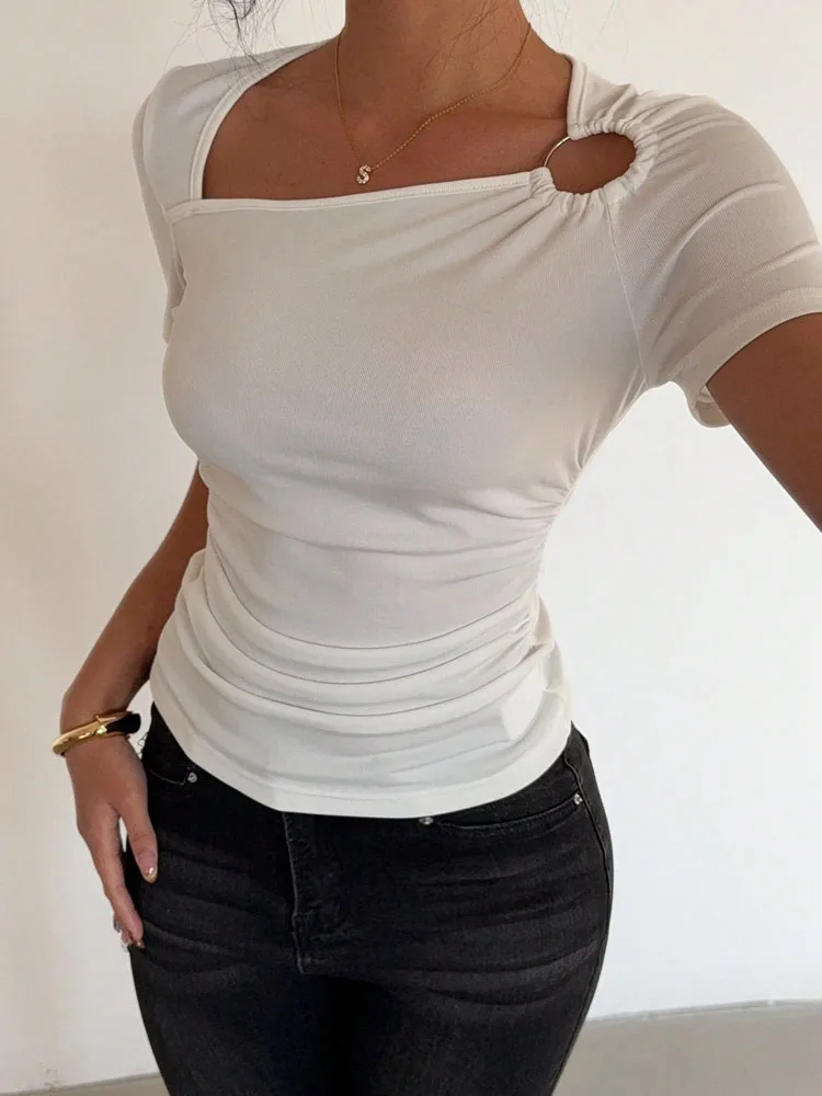 High cold imperial style T-shirt for summer women's clothing, slim fit and waist cinching, solid color short sleeved top