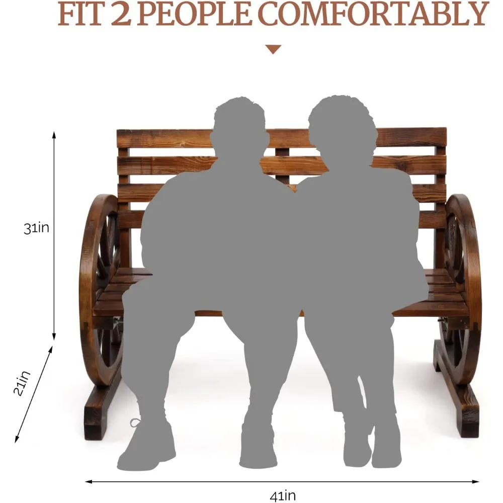 소박한 나무 휠 벤치, 야외 벤치, 2 인용 파티오 벤치, 왜건 슬레이트 시트, 야외 정원 벤치, 41 인치, 350lbs