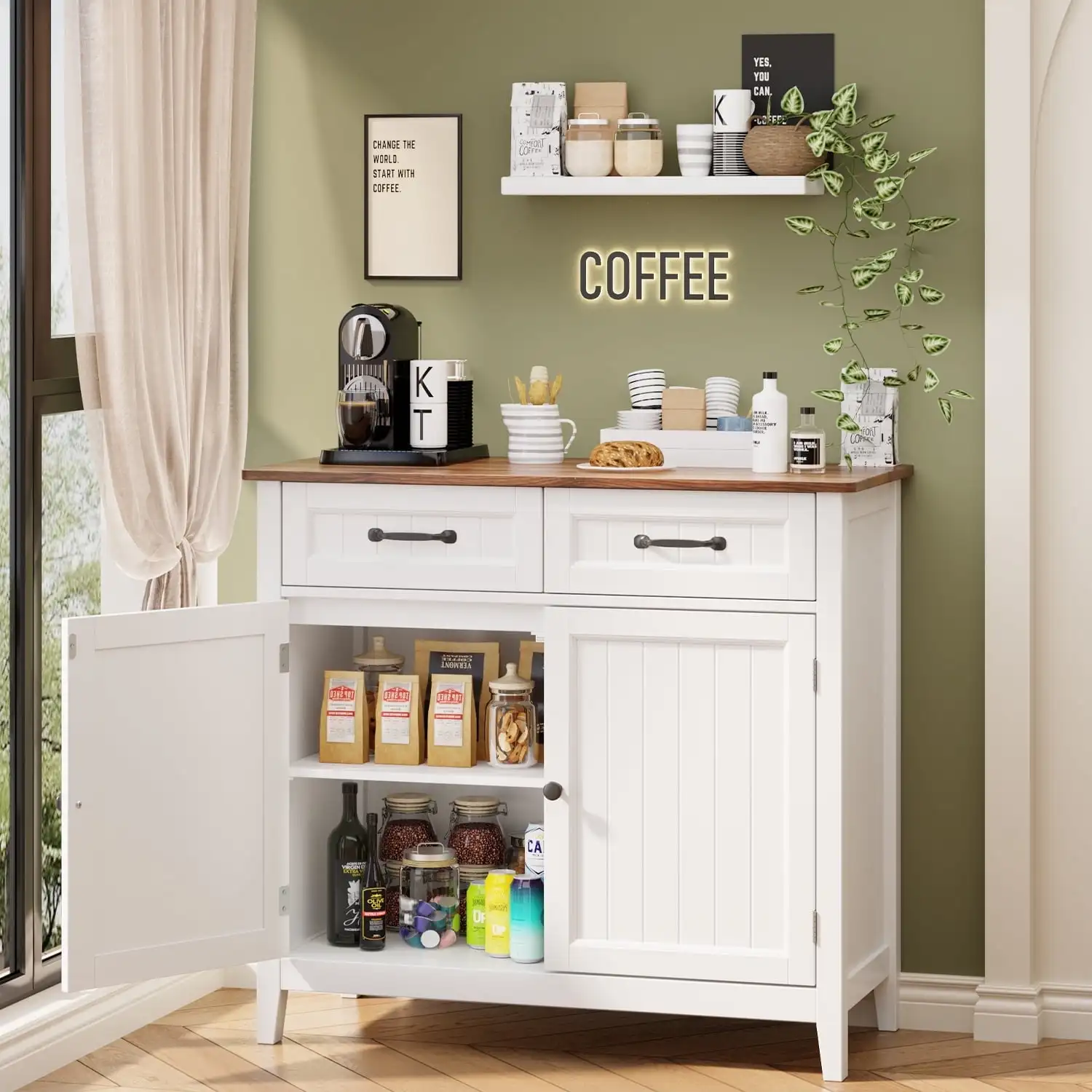 Coffee Bar Cabinet, Kitchen Sideboard Buffet Storage with 2 Drawers, 2 Doors Design classic elegant fashion