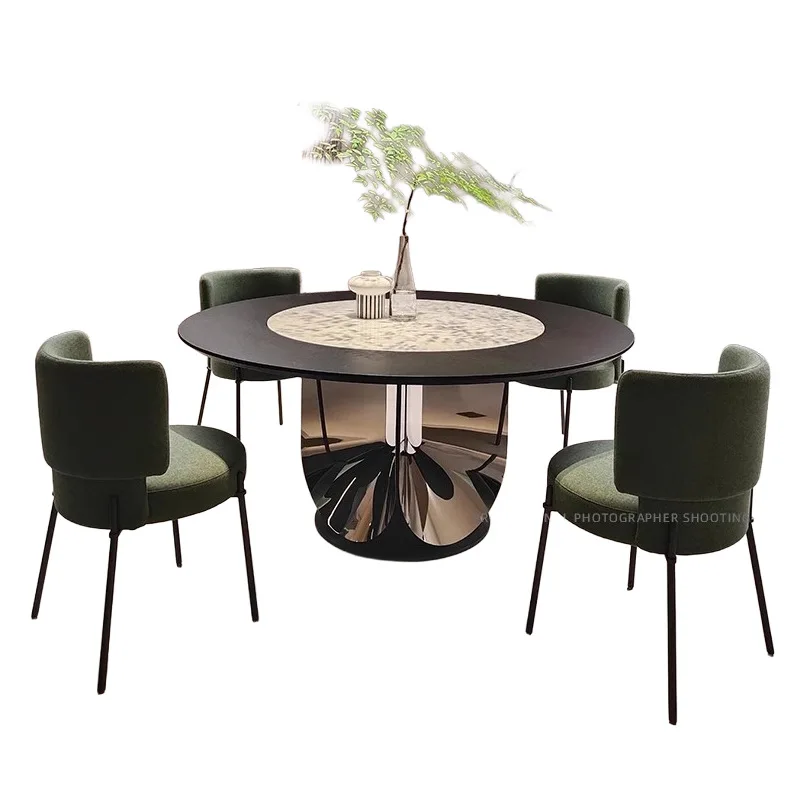 Italiano, minimalista, madeira maciça, incrustado, mármore, mesa de jantar redonda, aço inoxidável, luxo leve, alto sentido