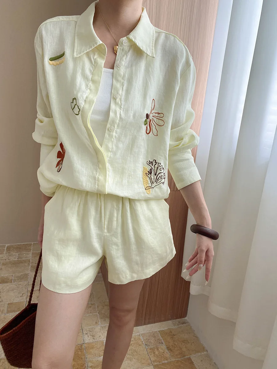 

Summer women's casual solid color lapel long sleeved embroidered decoration loose shirt+high waisted shorts set