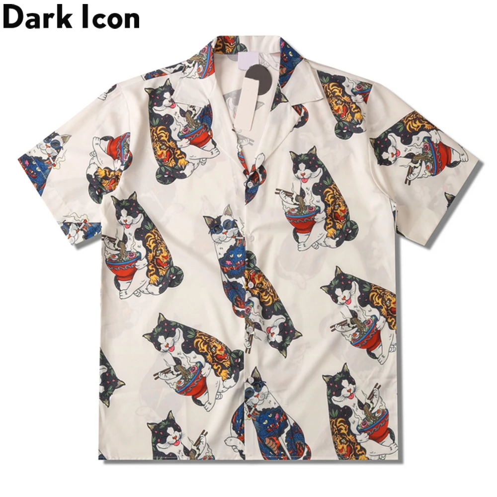 Men's Ukiyo-e Style Cat Noodle Pattern Print Short Sleeve Shirt Lapel Button Down Retro Japanese Beach Wear Mens Clothing