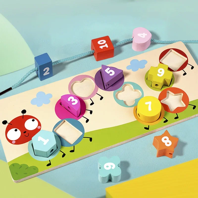 나무 기하학 퍼즐 몬테소리 색상 기하학 인지 매칭 보드 로프 착용 게임 어린이 교육용 장난감