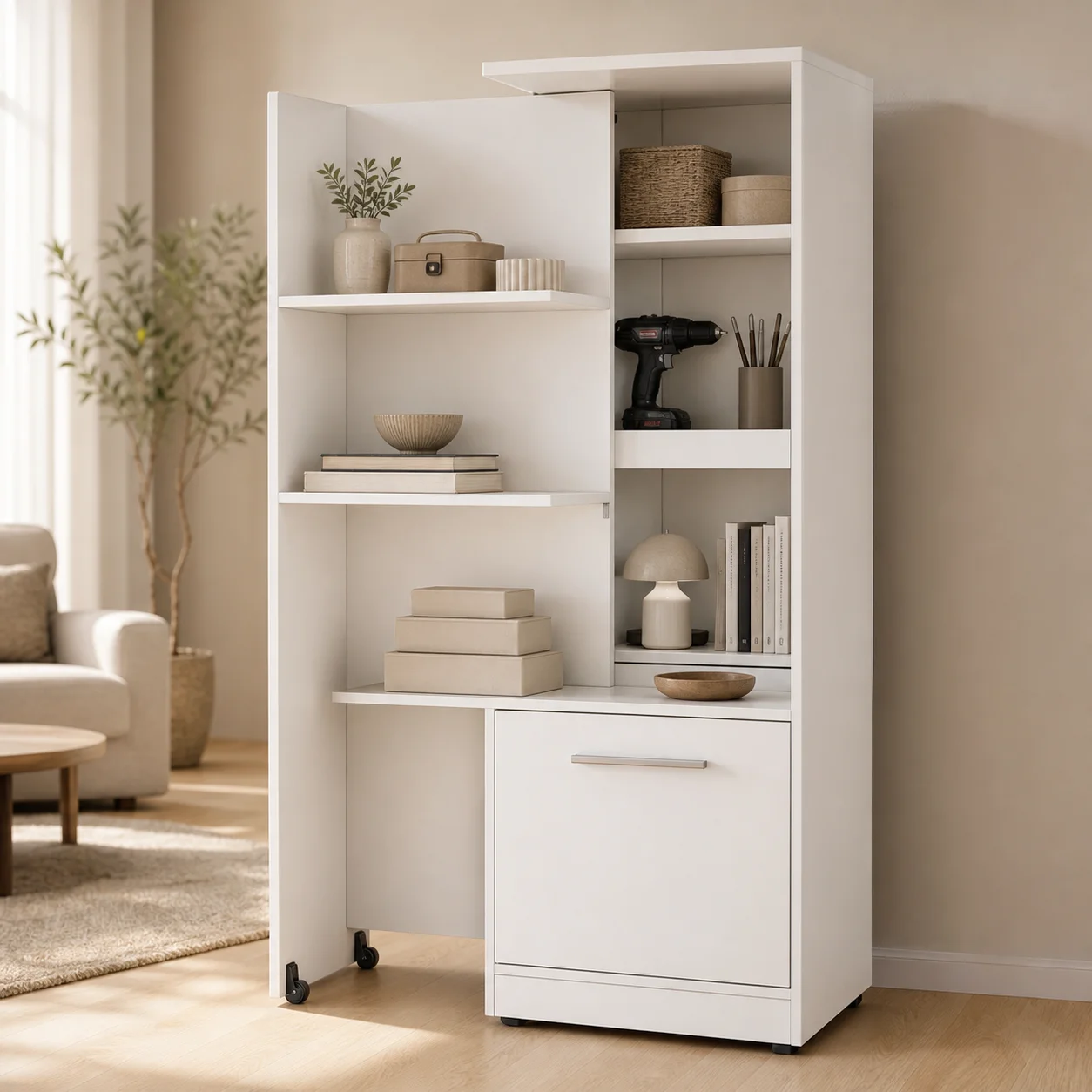 js-Modern Fold-Out Storage Cabinet with Rolling Desk | Space Saving Home Office Cabinet 3 Shelves Freestanding