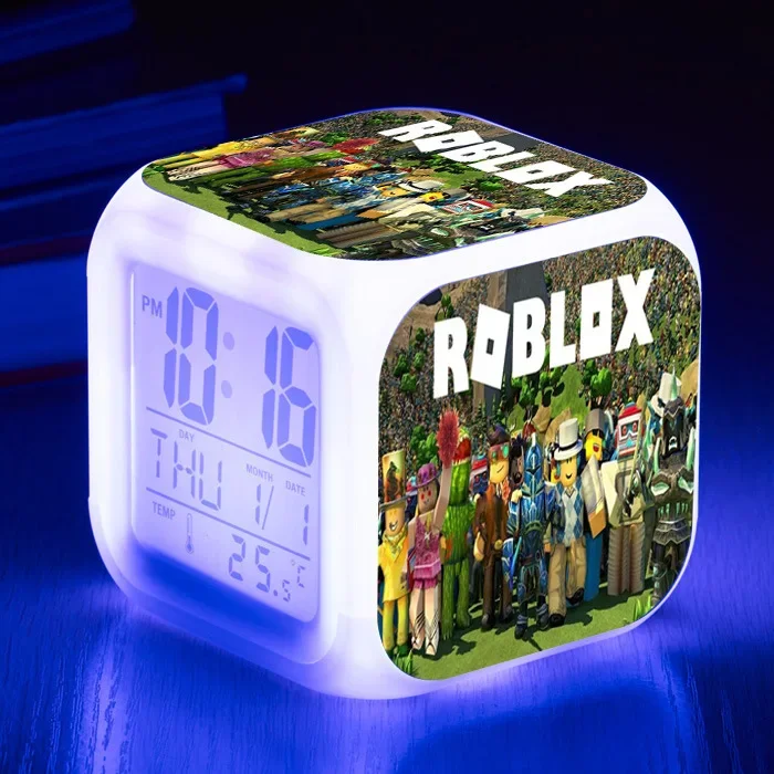 

ROBLOX LED Digital Alarm Clock Fashion Electronic Clock Multifunction Digital Alarm Thermometer Glowing Cube 7 Colors Clock Kids