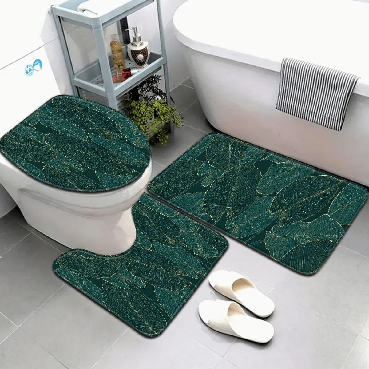 3pcs Nordic Gold Leaf Bath Mat Set - Minimalist Toilet Cover & U-Shaped Rug, Scandinavian Style Bathroom Decor