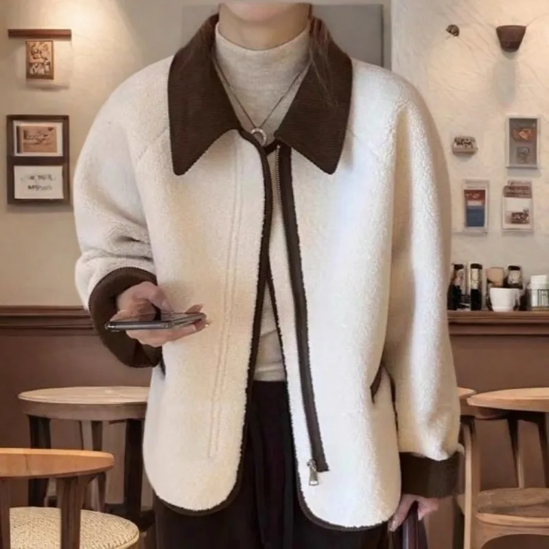 

Женский кардиган контрастного цвета с лацканами, осенне-зимний свободный модный повседневный свободный топ