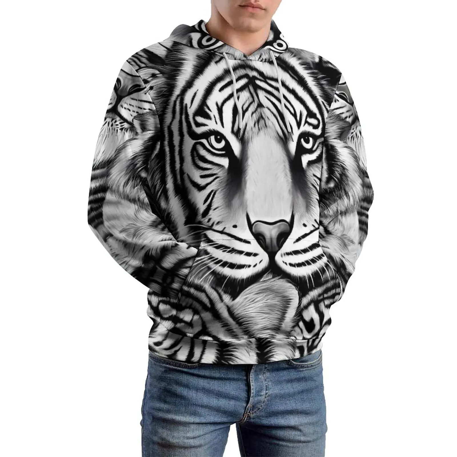 

Black And White Tiger Casual Hoodies Men Retro Animal Modern Hooded Sweatshirts Autumn Long Sleeve Street Style Oversized Hoodie