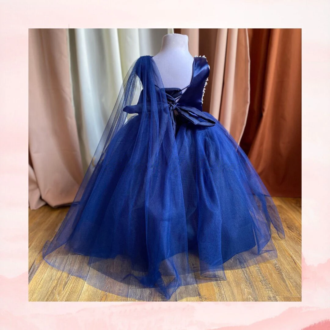 Blaues Blumenmädchenkleid mit Pailletten, mehrlagigem Tüll, Schleife, glitzernd, ärmellos, Brautkleider, Erstkommunion-Kleider, Kindergeburtstagsfeier